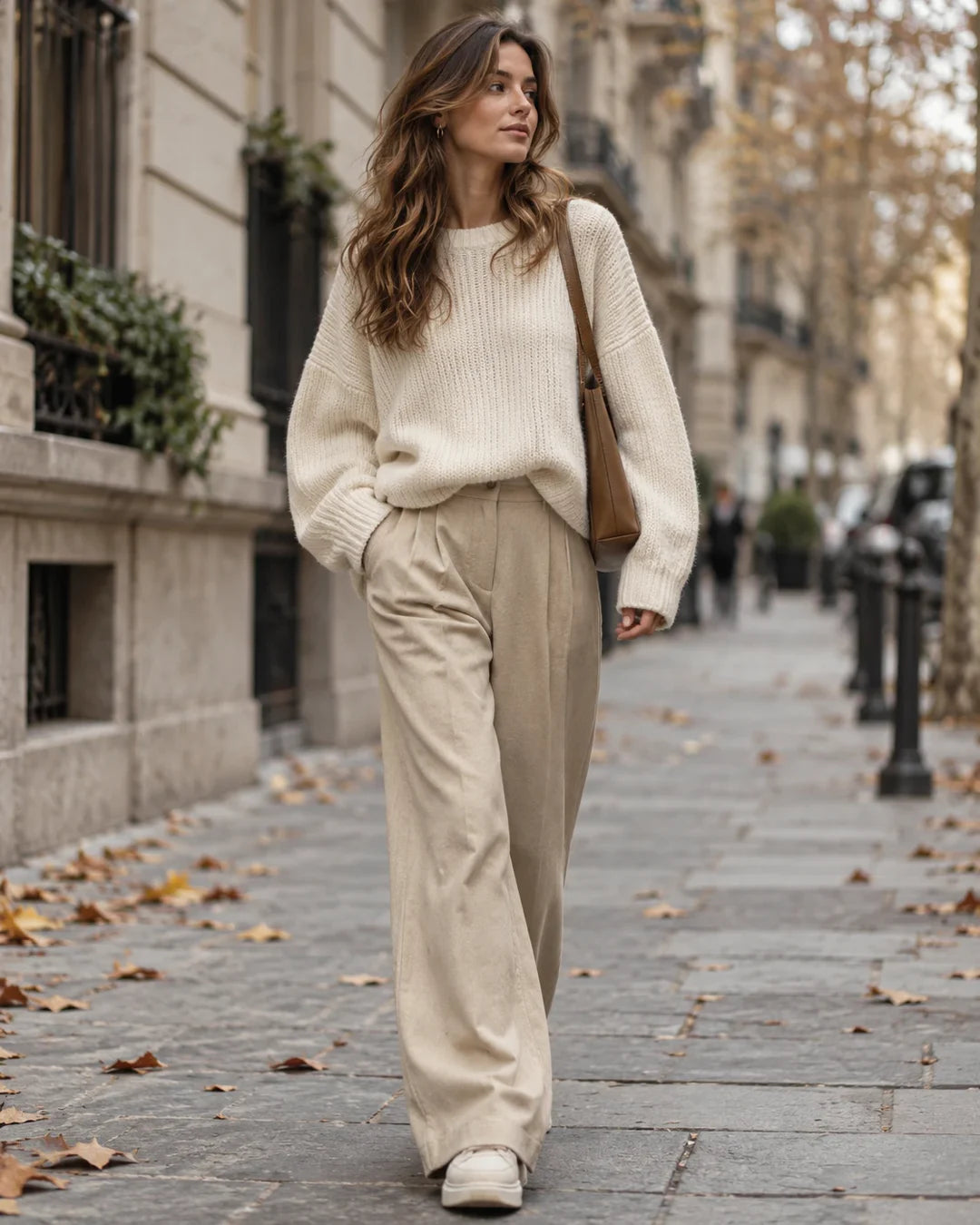 Mujer con sueter de punto crema paseando, estilo de vida