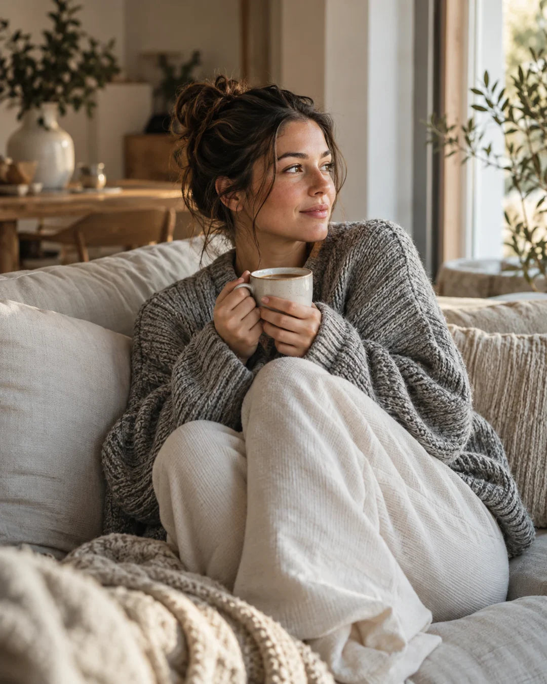 Mujer con sueter de punto gris en casa, estilo de vida