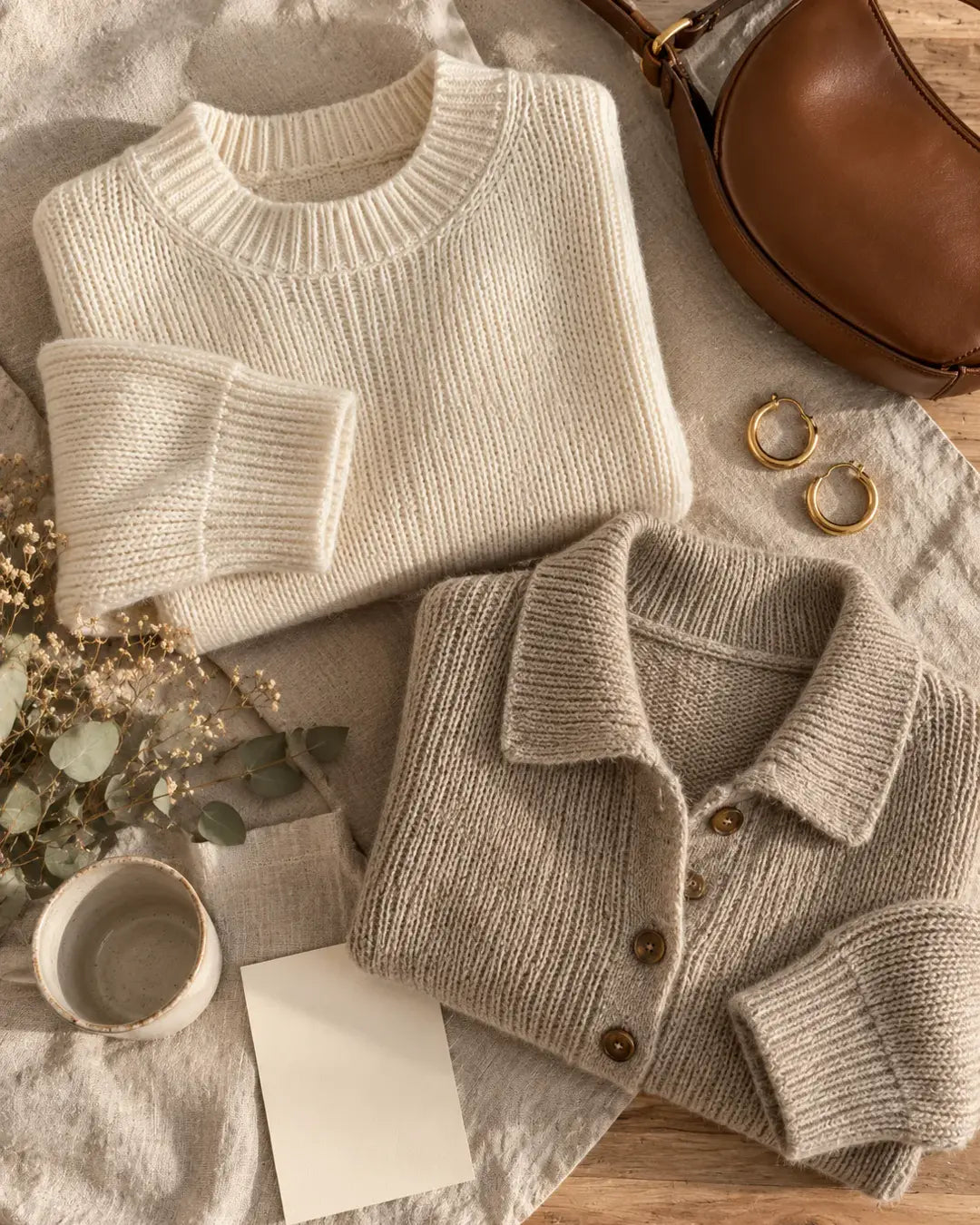 Prendas de punto crema y beige dobladas con accesorios
