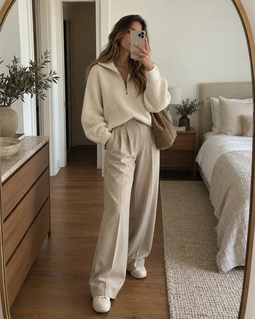 Mujer con sueter de punto cremallera, selfie de espejo, estilo de vida